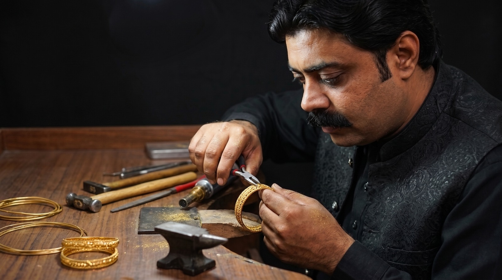 SM Gold master goldsmith hand-crafting a gold bangle in Sarafa Bazar, Sargodha